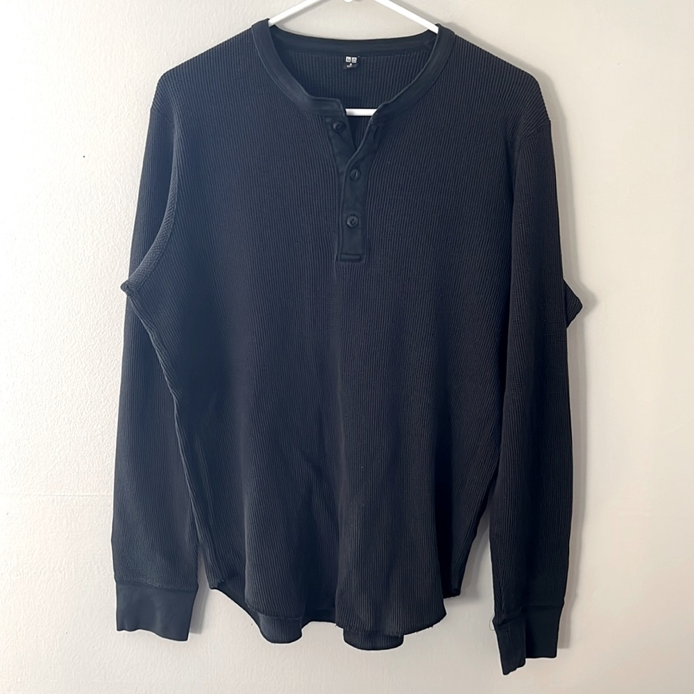 Uniqlo Waffle Henley 3 button Shirt Black Men's Size Medium